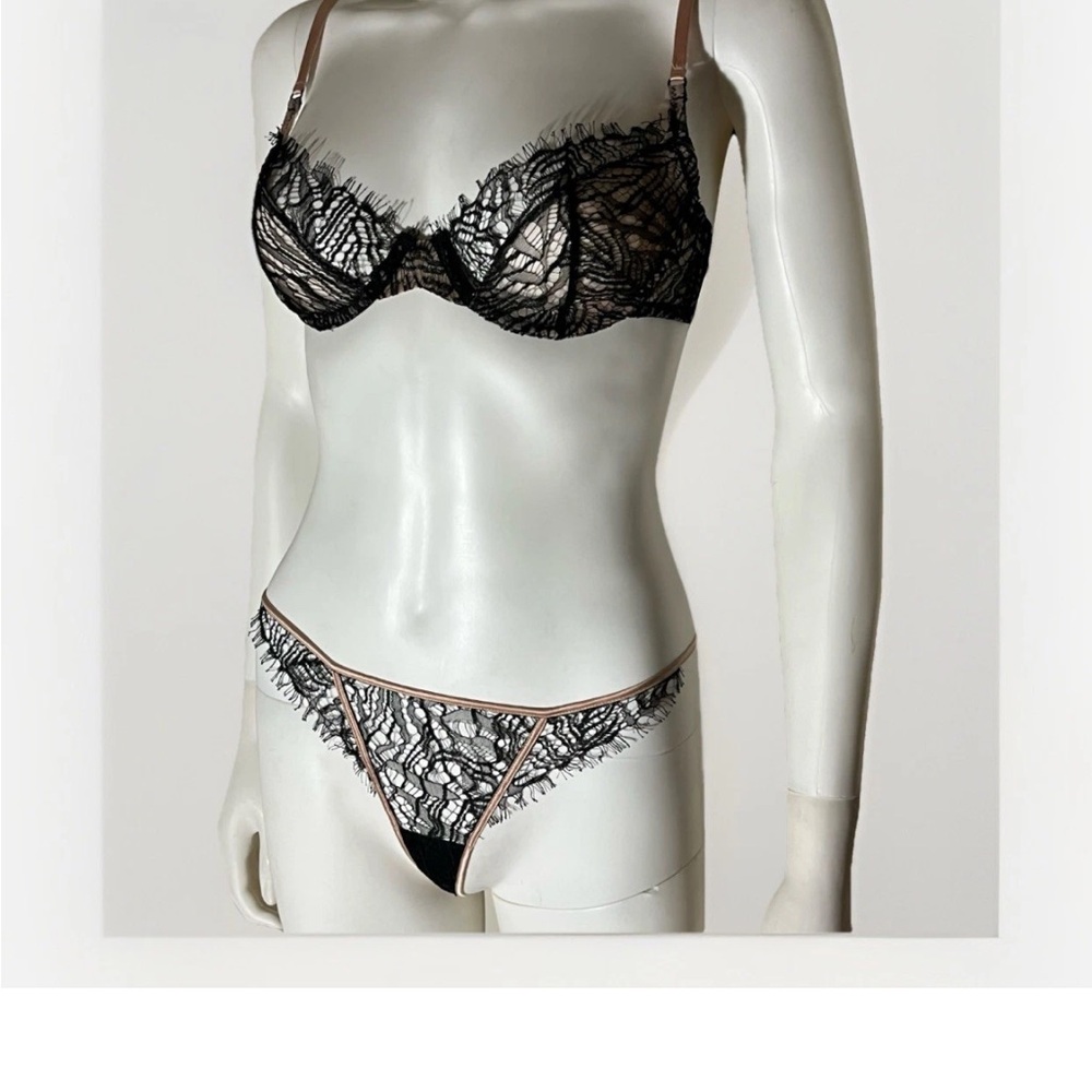 NWT Kiki De Montparnasse Enchante Demi Black Floral Lace Bra & Thong Set 36B & M
